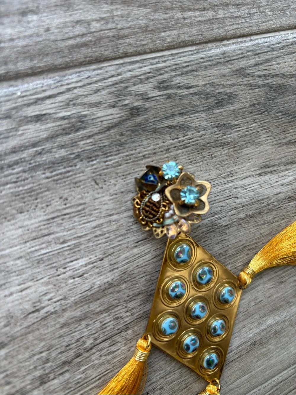 Mercedes Salazar Gold and Turquoise Tassel Drop Earrings Colombian